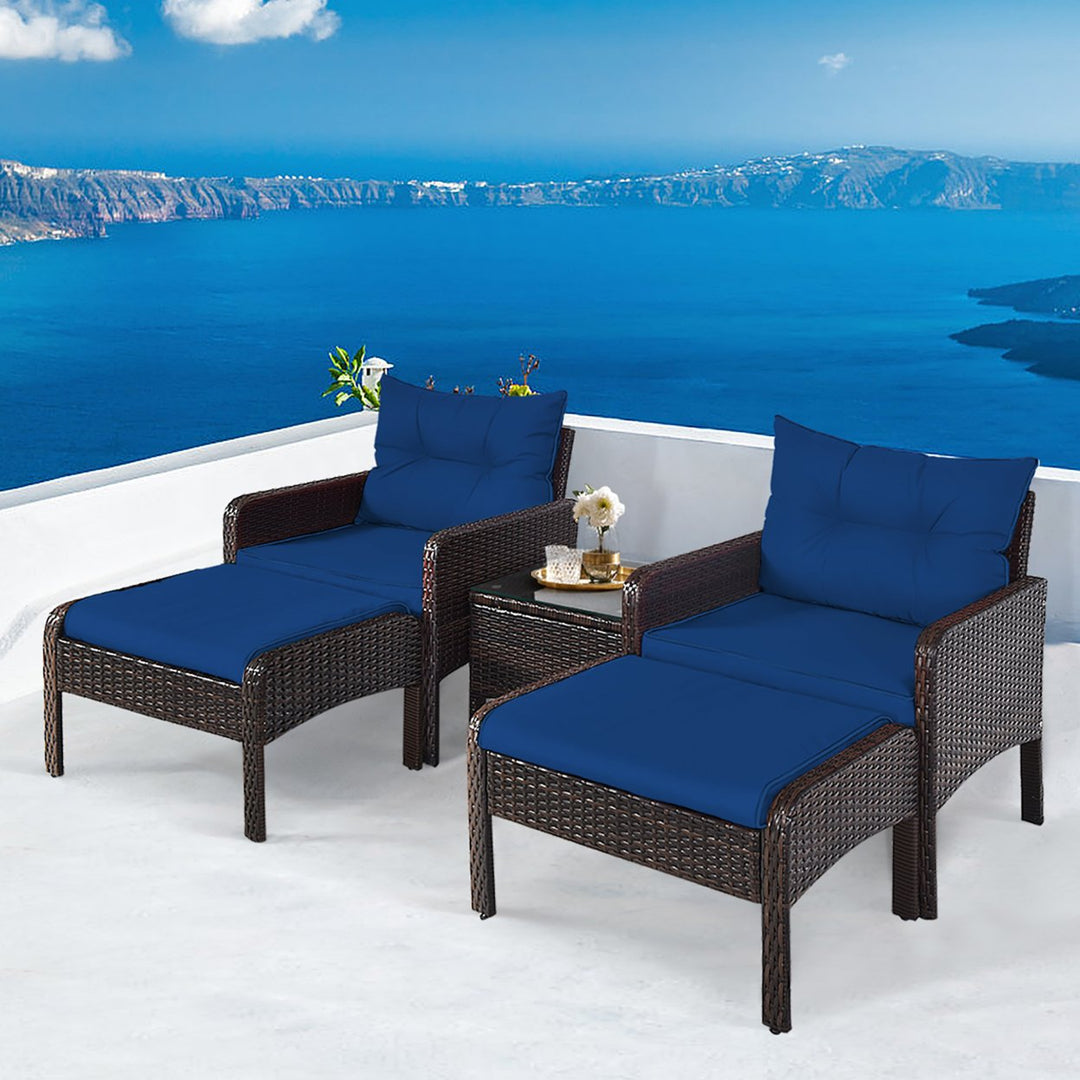 5PCS Patio Set Sectional Rattan Wicker Furniture Set w/ Navy Cushion Image 1