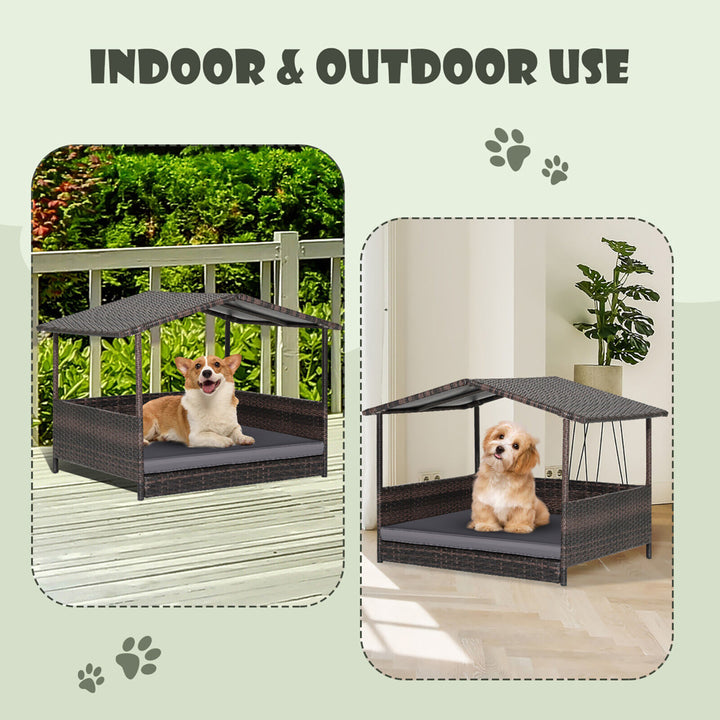 Wicker Dog House w/ Cushion Lounge Raised Rattan Bed for Indoor/Outdoor Grey Image 5