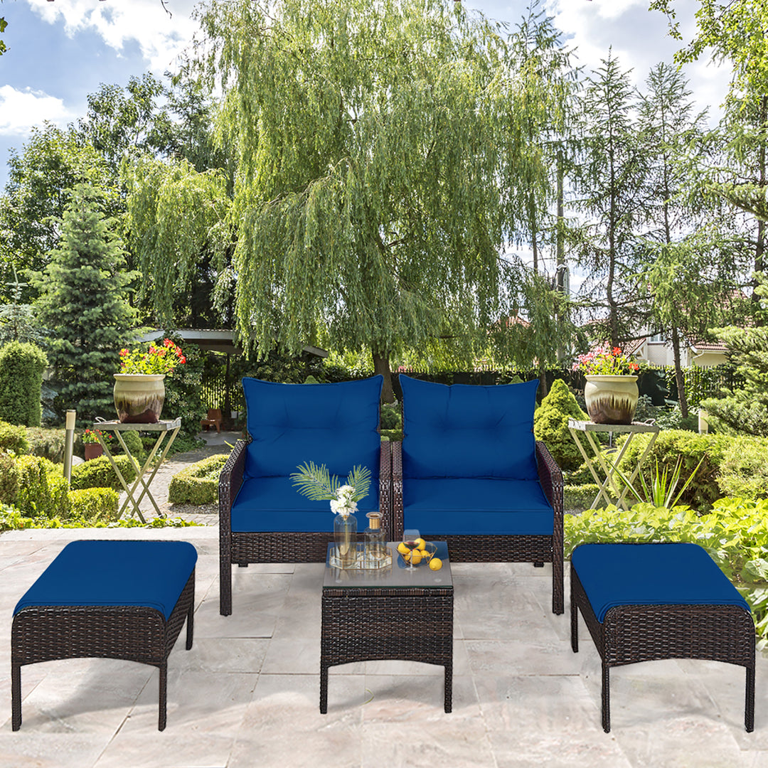 5PCS Patio Set Sectional Rattan Wicker Furniture Set w/ Navy Cushion Image 5