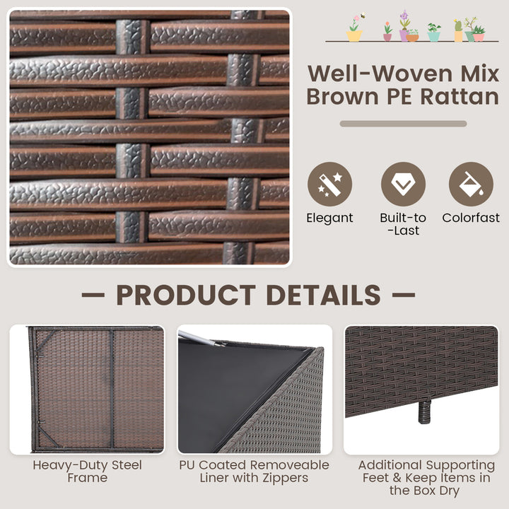 133 Gallon Outdoor PE Wicker Storage Box Mix Brown Rattan Deck w/ Waterproof Liner Image 8