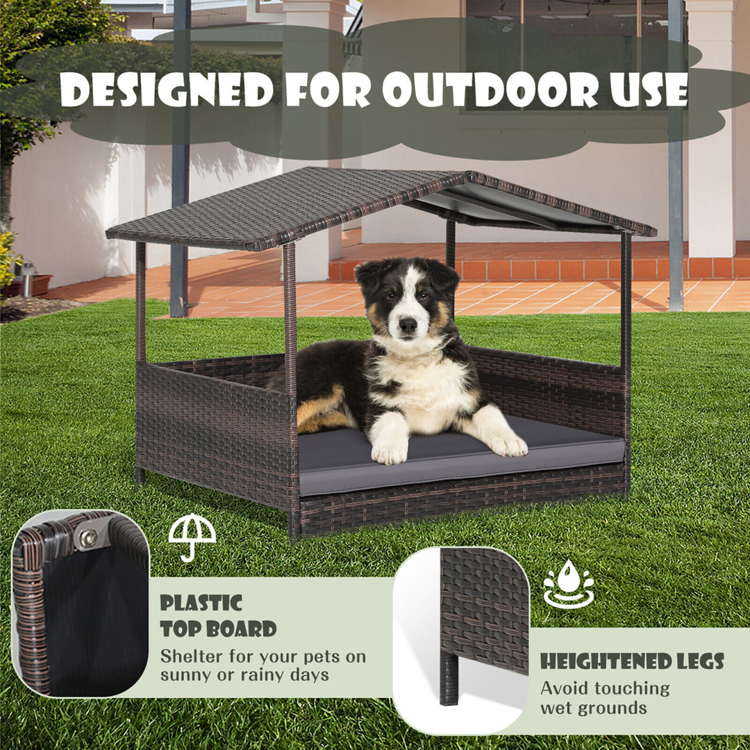 Wicker Dog House w/ Cushion Lounge Raised Rattan Bed for Indoor/Outdoor Grey Image 7