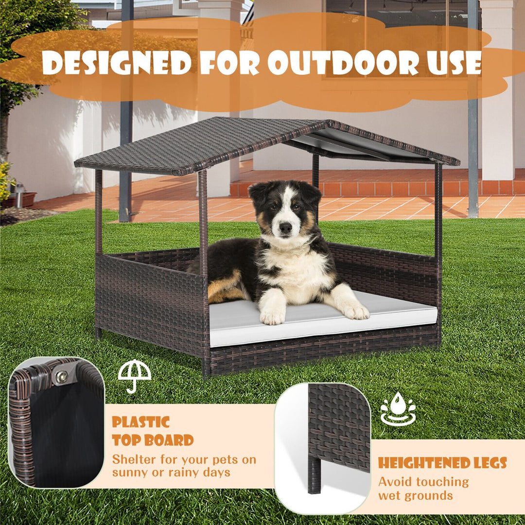 Wicker Dog House w/ Cushion Lounge Raised Rattan Bed for Indoor/Outdoor Image 7