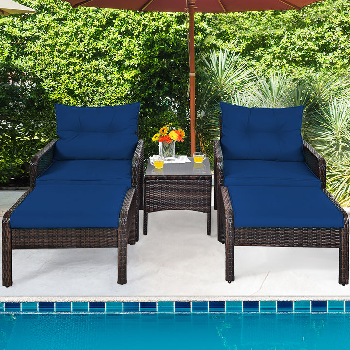 5PCS Patio Set Sectional Rattan Wicker Furniture Set w/ Navy Cushion Image 4