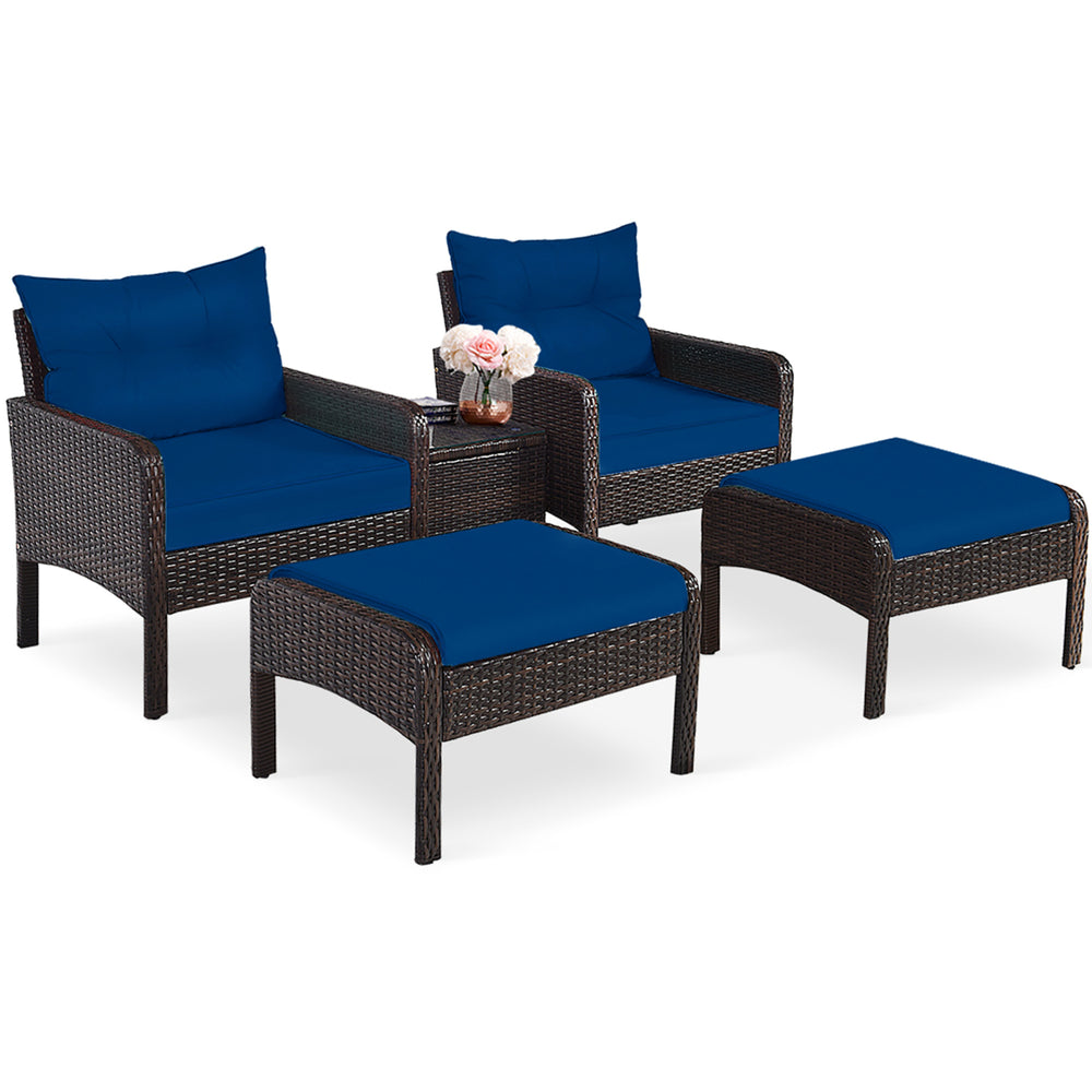 5PCS Patio Set Sectional Rattan Wicker Furniture Set w/ Navy Cushion Image 2