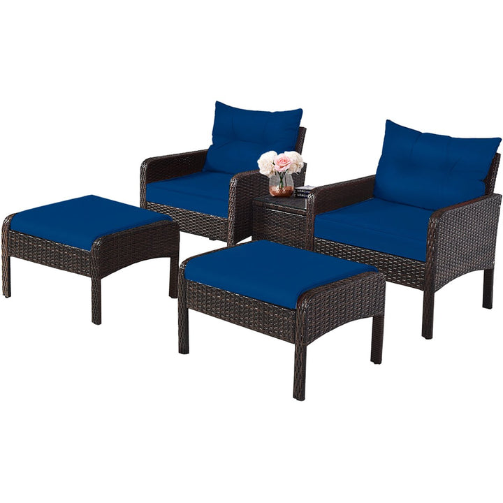 5PCS Patio Set Sectional Rattan Wicker Furniture Set w/ Navy Cushion Image 6