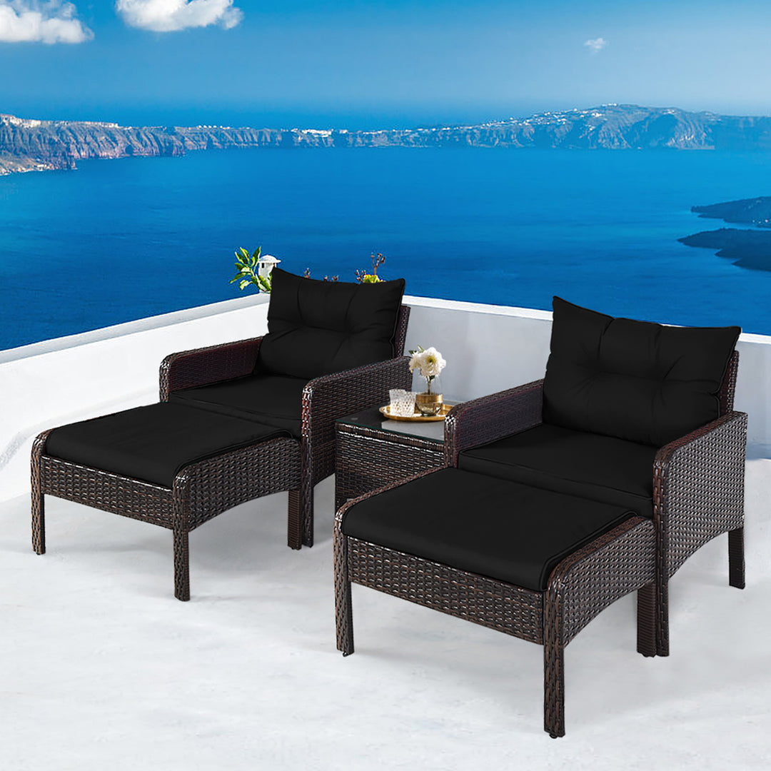 5PCS Patio Set Sectional Rattan Wicker Furniture Set w/ Black Cushion Image 1