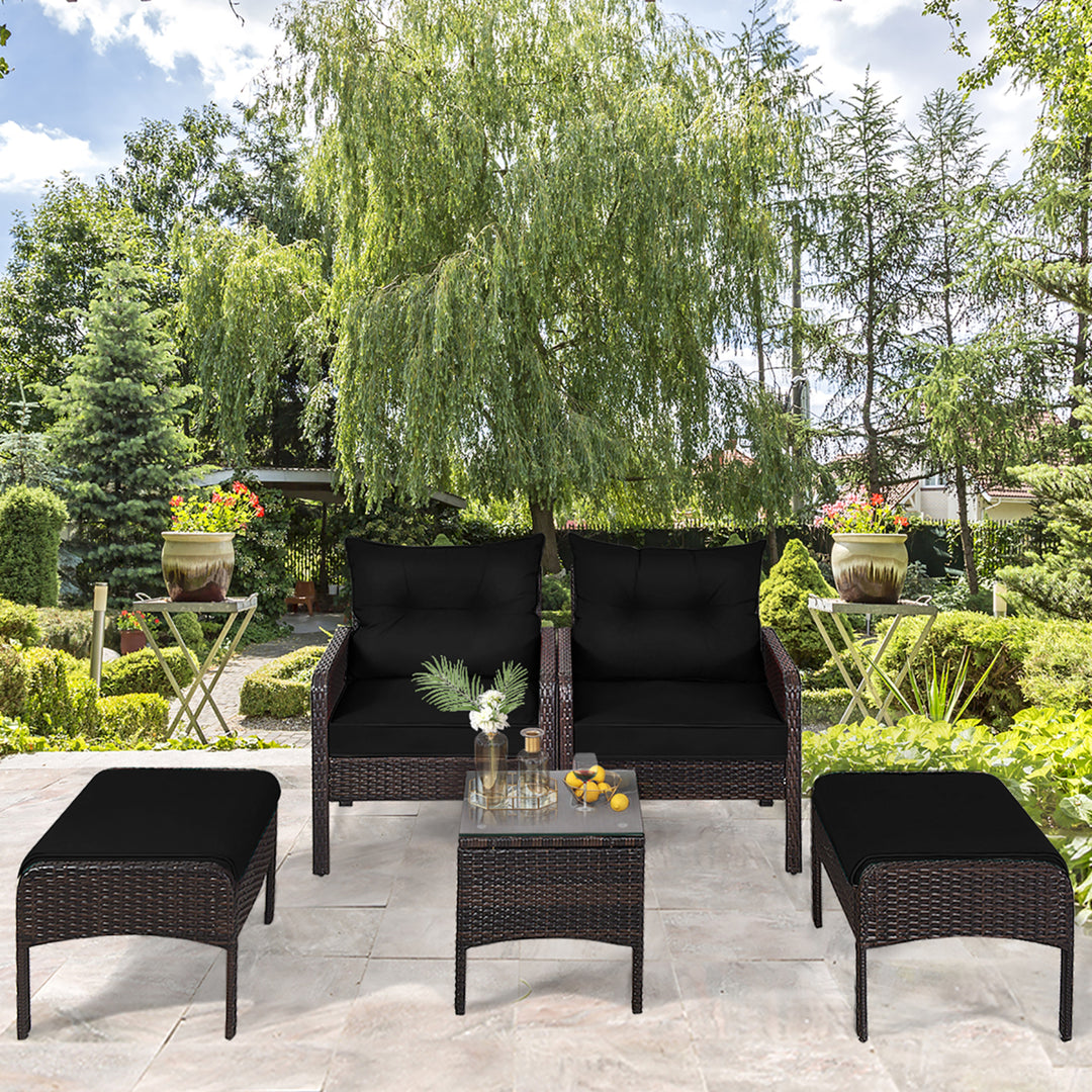 5PCS Patio Set Sectional Rattan Wicker Furniture Set w/ Black Cushion Image 5