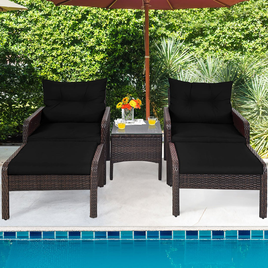 5PCS Patio Set Sectional Rattan Wicker Furniture Set w/ Black Cushion Image 4