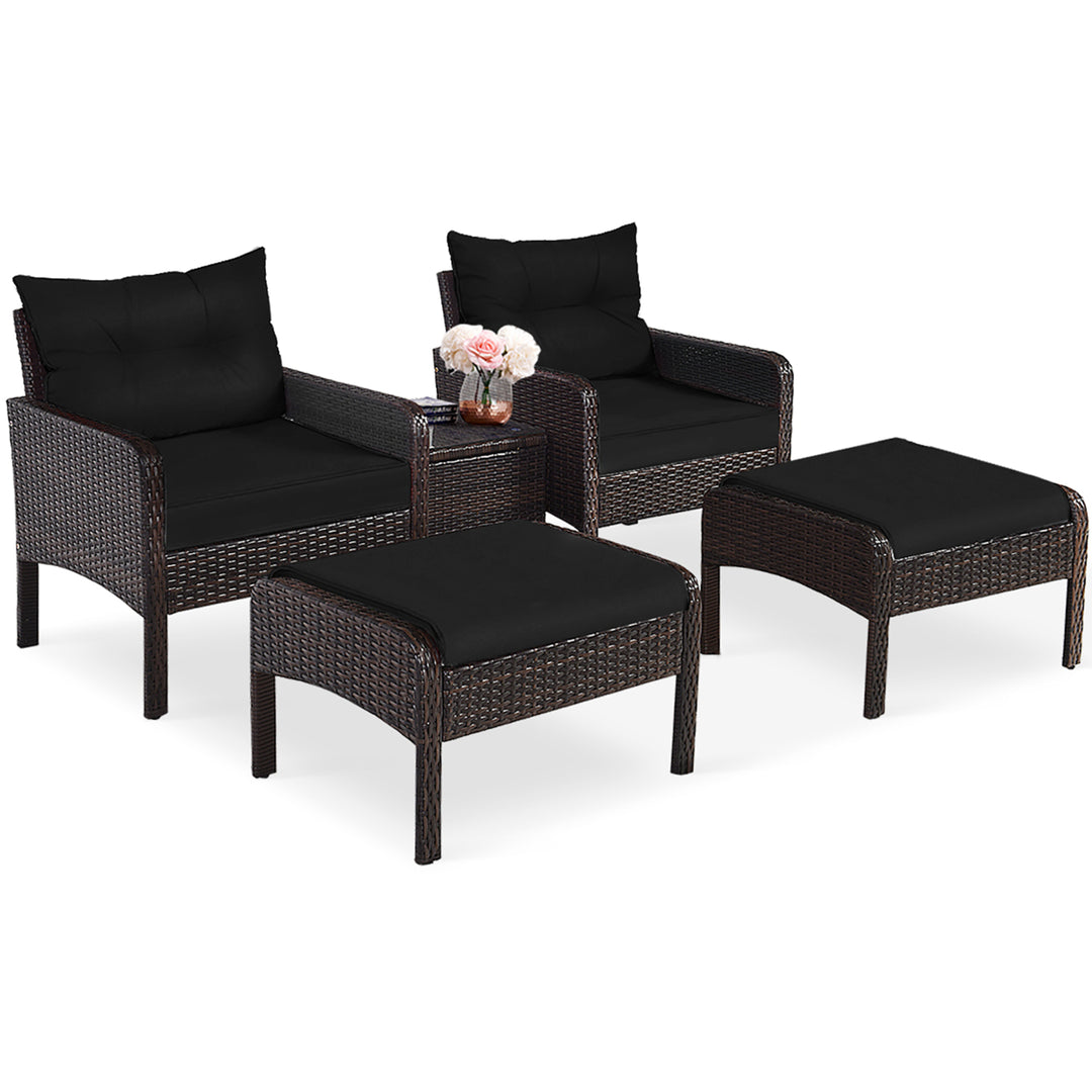 5PCS Patio Set Sectional Rattan Wicker Furniture Set w/ Black Cushion Image 2