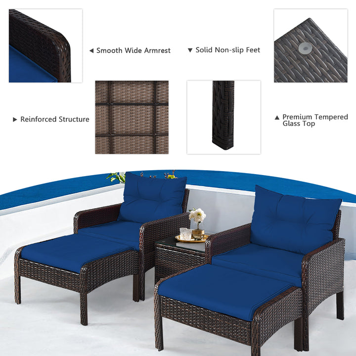 5PCS Patio Set Sectional Rattan Wicker Furniture Set w/ Navy Cushion Image 10