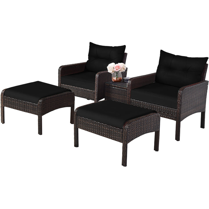 5PCS Patio Set Sectional Rattan Wicker Furniture Set w/ Black Cushion Image 6