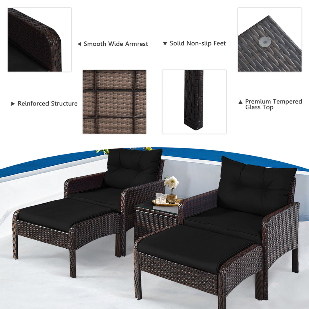 5PCS Patio Set Sectional Rattan Wicker Furniture Set w/ Black Cushion Image 10