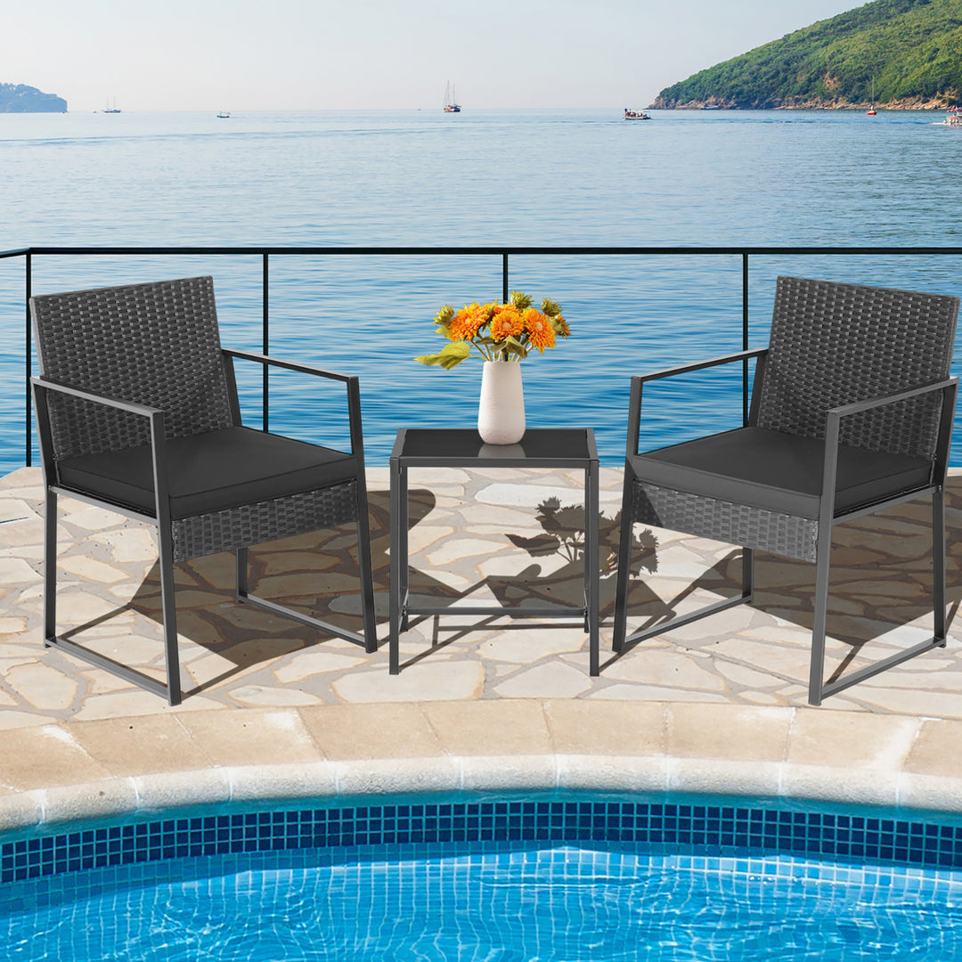 3PCS Patio Rattan PE Wicker Bistro Set Outdoor Furniture Set w/ Table and Cushion Image 1