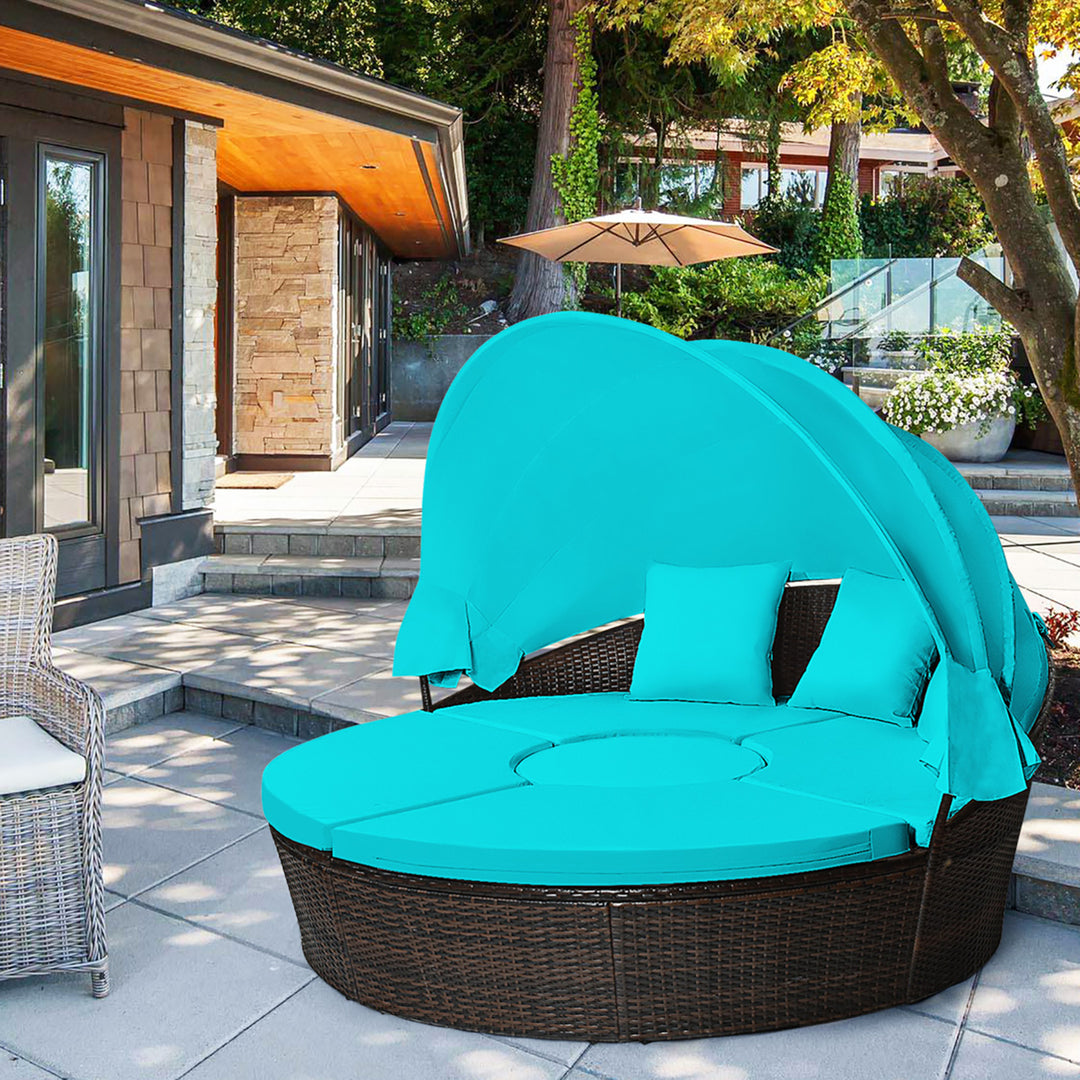 Cushioned Patio Rattan Round Daybed w/ Adjustable Table 3 Pillows Turquoise Image 1