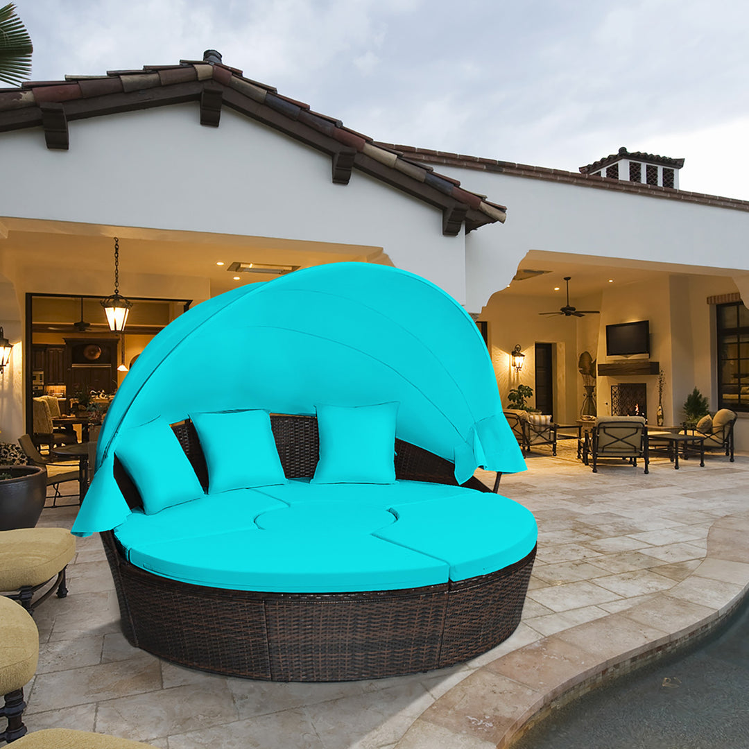 Cushioned Patio Rattan Round Daybed w/ Adjustable Table 3 Pillows Turquoise Image 3