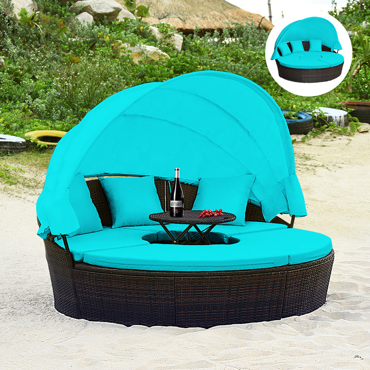 Cushioned Patio Rattan Round Daybed w/ Adjustable Table 3 Pillows Turquoise Image 4