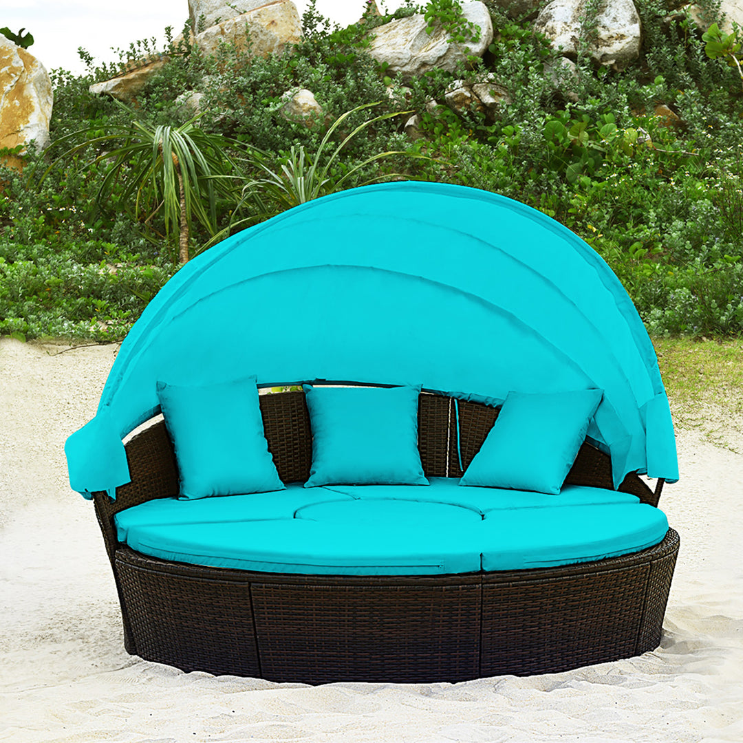 Cushioned Patio Rattan Round Daybed w/ Adjustable Table 3 Pillows Turquoise Image 5