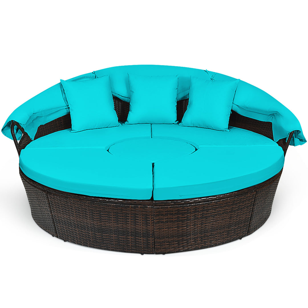 Cushioned Patio Rattan Round Daybed w/ Adjustable Table 3 Pillows Turquoise Image 6