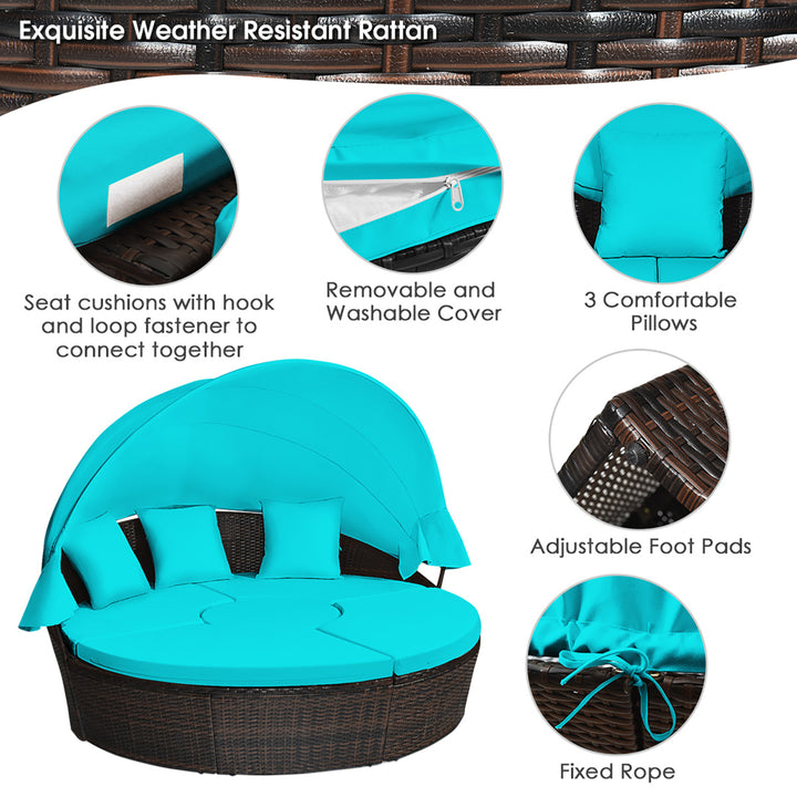 Cushioned Patio Rattan Round Daybed w/ Adjustable Table 3 Pillows Turquoise Image 8