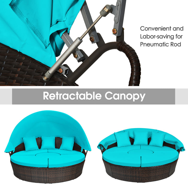 Cushioned Patio Rattan Round Daybed w/ Adjustable Table 3 Pillows Turquoise Image 9