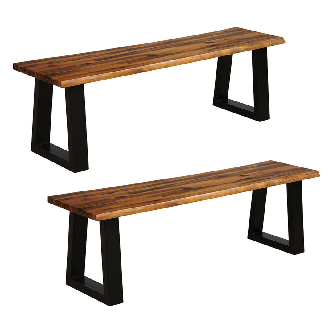 2 PCS Solid Acacia Wood Patio Bench Dining Bench Outdoor W/Rustic Metal Legs Image 1