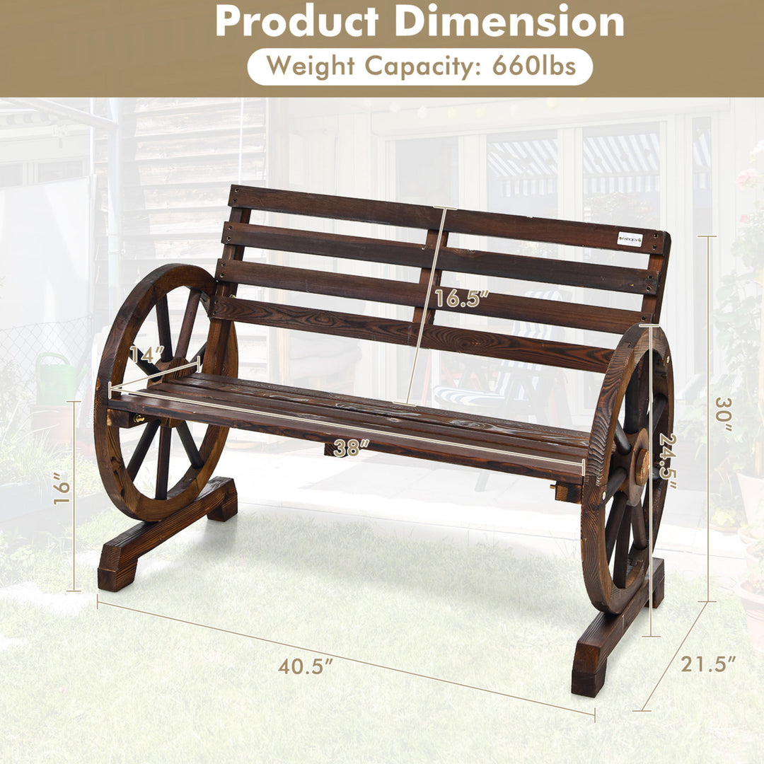 Patio Wagon Wheel Bench Outdoor Garden Wooden Rustic Bench w/ Slatted Design Image 2