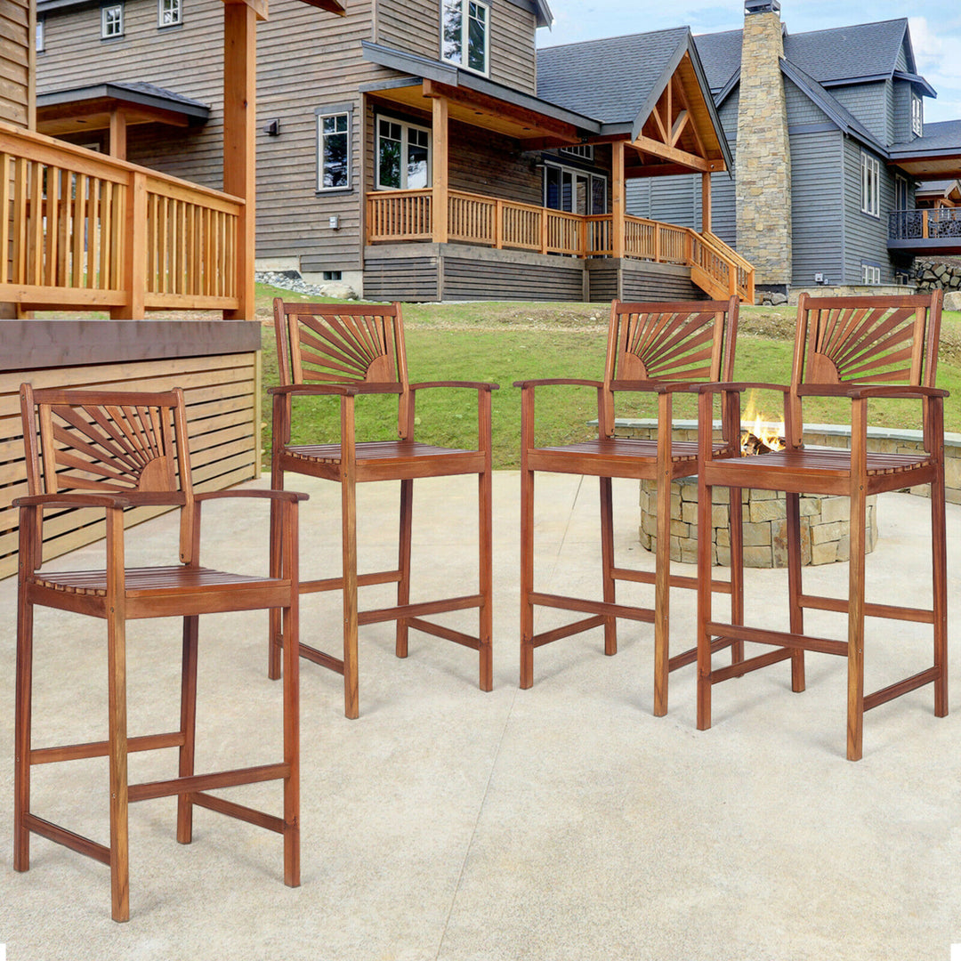 4PCS Patio Acacia Wood Bar Stool Pub Bar Chair w/ Footrest Outdoor Indoor Image 4