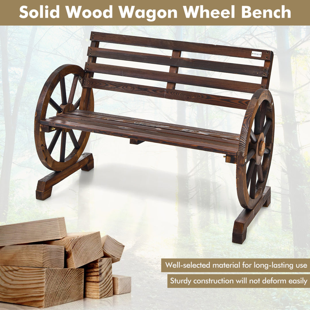 Patio Wagon Wheel Bench Outdoor Garden Wooden Rustic Bench w/ Slatted Design Image 6