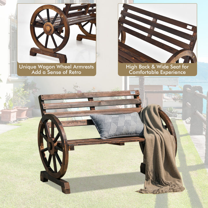 Patio Wagon Wheel Bench Outdoor Garden Wooden Rustic Bench w/ Slatted Design Image 8