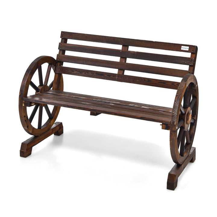 Patio Wagon Wheel Bench Outdoor Garden Wooden Rustic Bench w/ Slatted Design Image 9