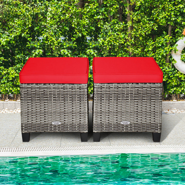 Set of 2 Rattan Patio Ottoman Footrest Wicker Footstool w/ Red Cushions Image 1