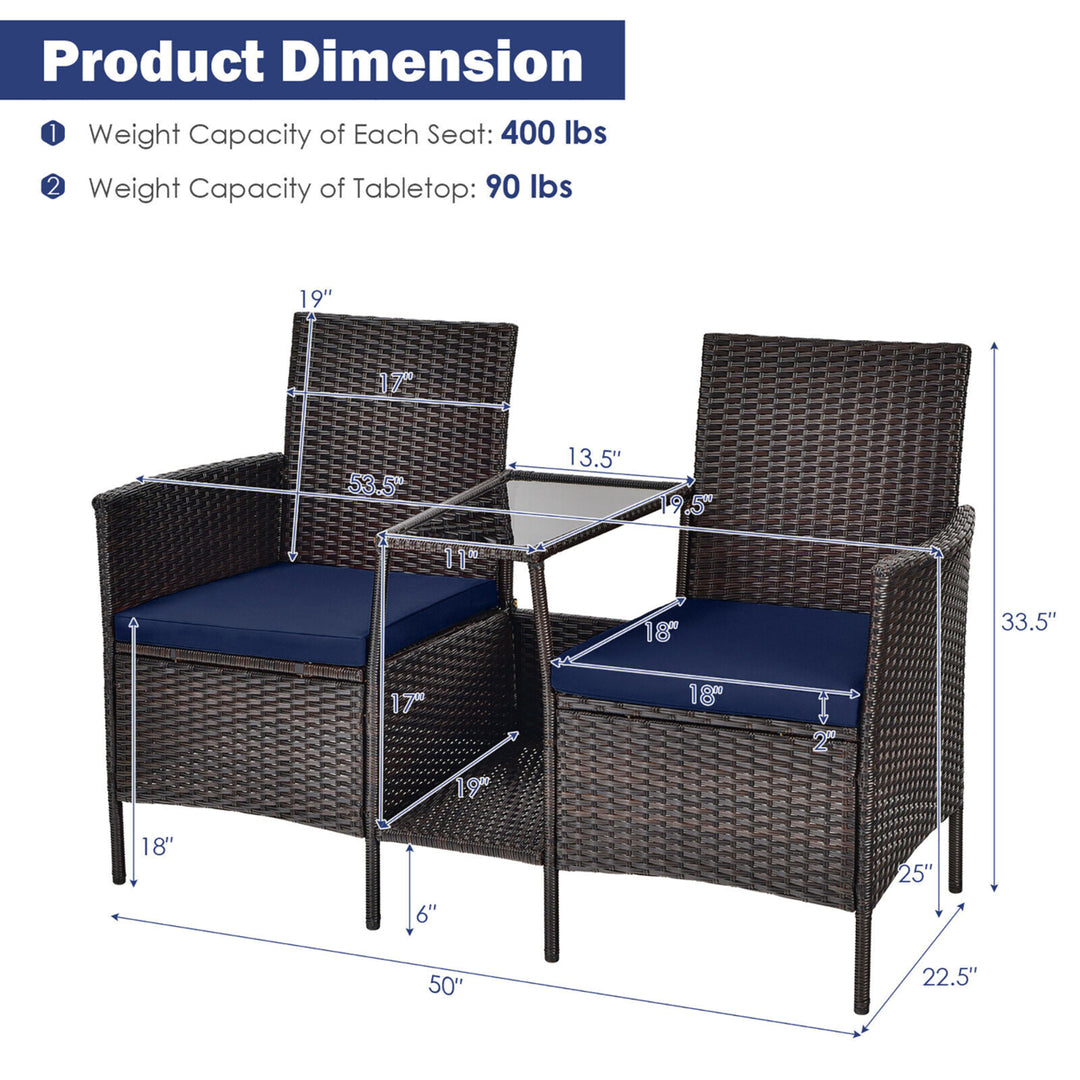 Patio Rattan Conversation Furniture Set w/ Loveseat Glass Coffee Table and Cushions Image 2