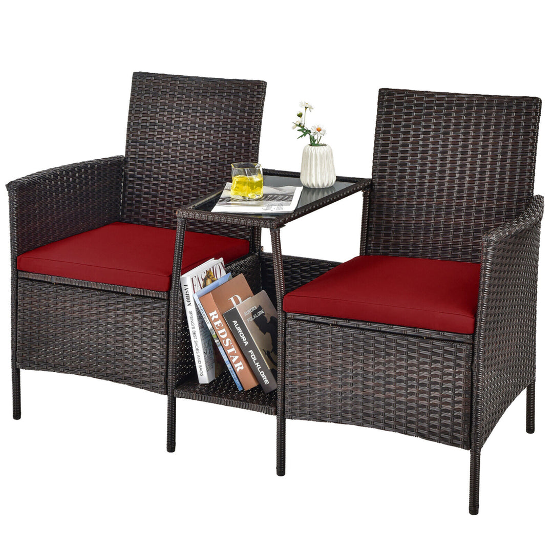 Patio Rattan Conversation Furniture Set w/ Loveseat Glass Coffee Table and Cushions Image 3