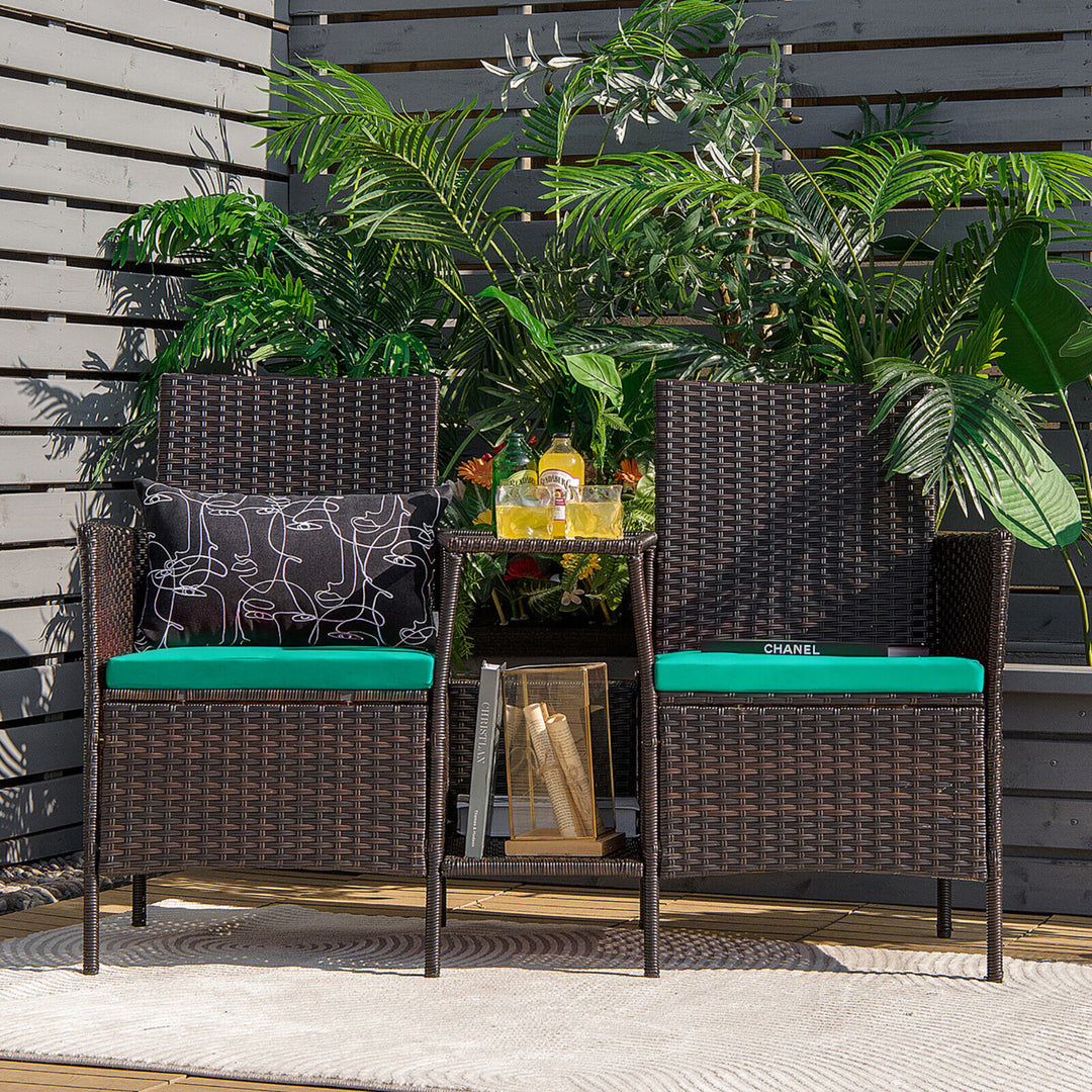 Patio Rattan Conversation Furniture Set w/ Loveseat Glass Coffee Table and Cushions Image 4