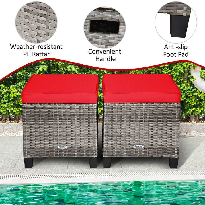 Set of 2 Rattan Patio Ottoman Footrest Wicker Footstool w/ Red Cushions Image 4