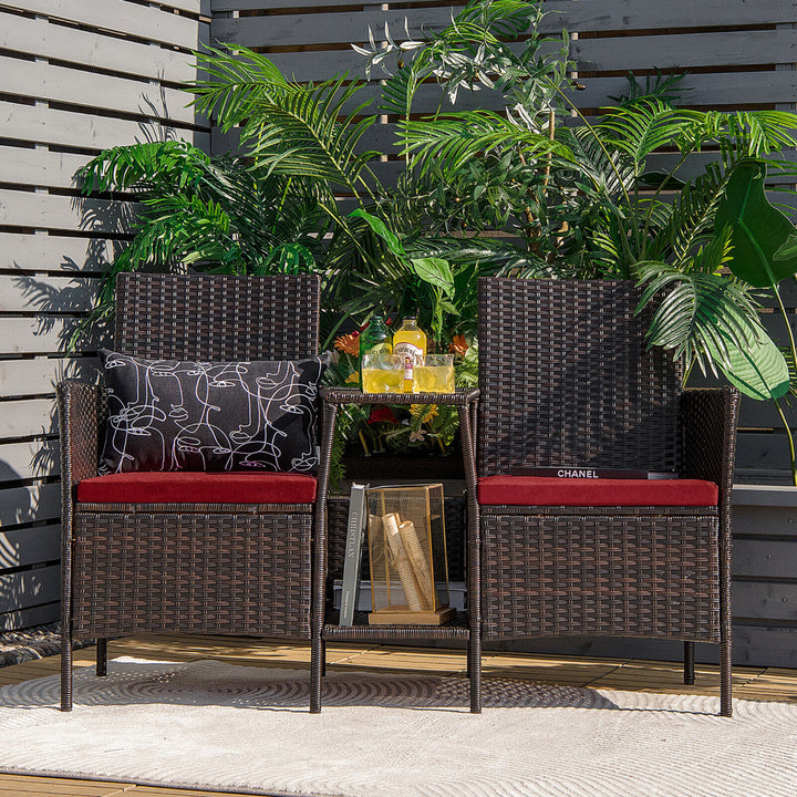 Patio Rattan Conversation Furniture Set w/ Loveseat Glass Coffee Table and Cushions Image 5