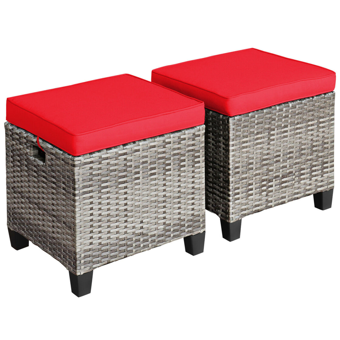 Set of 2 Rattan Patio Ottoman Footrest Wicker Footstool w/ Red Cushions Image 6