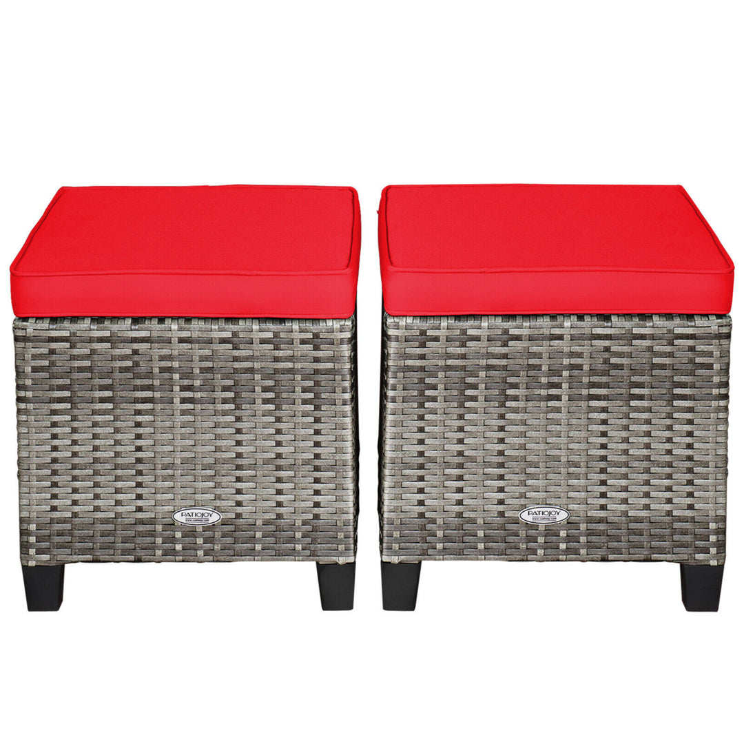 Set of 2 Rattan Patio Ottoman Footrest Wicker Footstool w/ Red Cushions Image 7