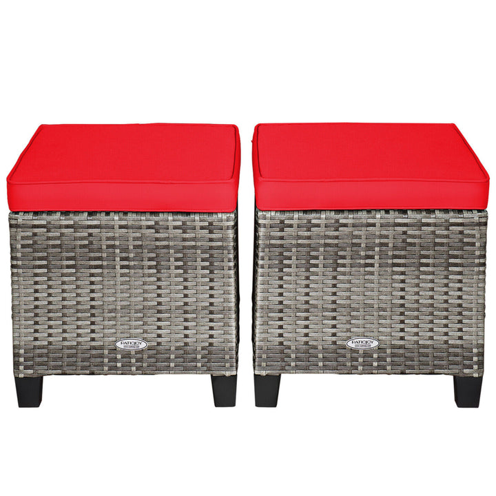 Set of 2 Rattan Patio Ottoman Footrest Wicker Footstool w/ Red Cushions Image 7