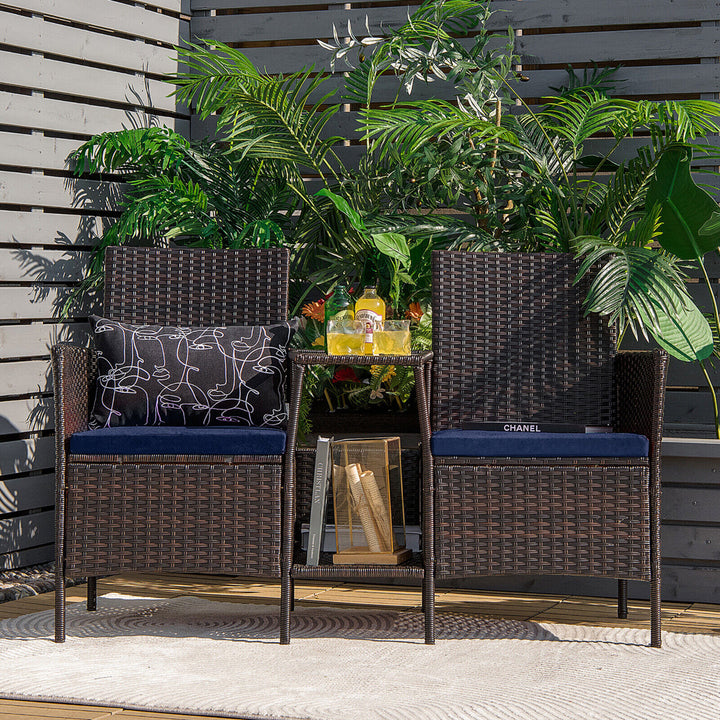 Patio Rattan Conversation Furniture Set w/ Loveseat Glass Coffee Table and Cushions Image 6