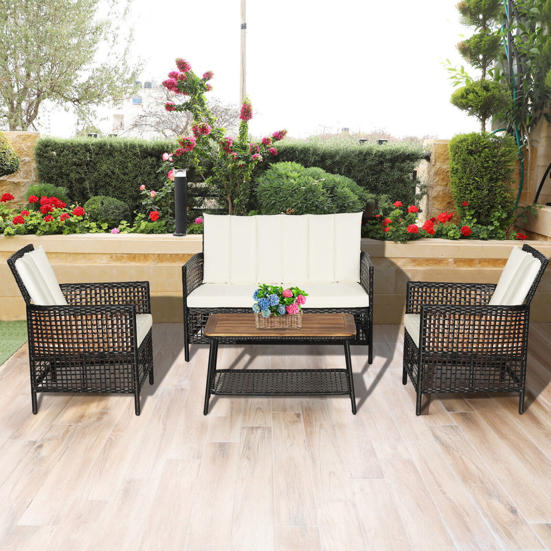 4PCS Cushioned Patio PE Wicker Conversation Furniture Set w/ Acacia Wood Tabletop Image 1