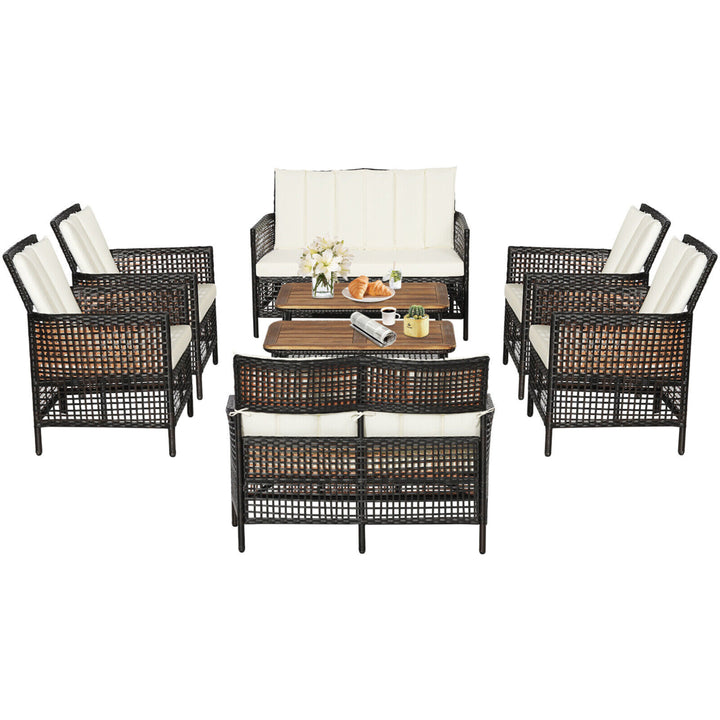 8PCS Cushioned Patio PE Wicker Conversation Furniture Set w/ Acacia Wood Tabletop Image 1