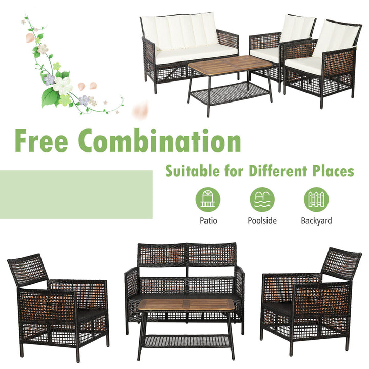 4PCS Cushioned Patio PE Wicker Conversation Furniture Set w/ Acacia Wood Tabletop Image 8