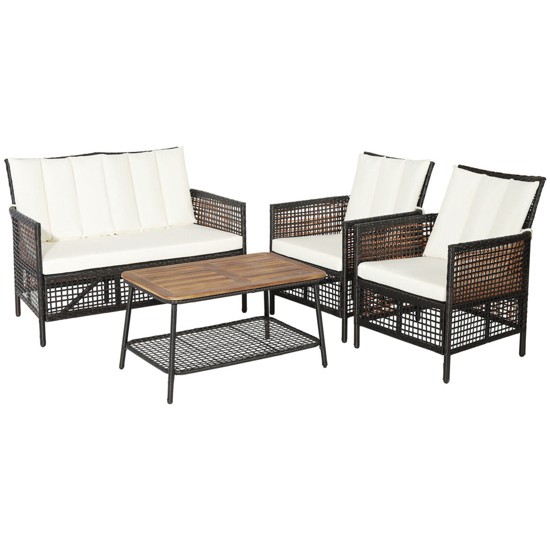 8PCS Cushioned Patio PE Wicker Conversation Furniture Set w/ Acacia Wood Tabletop Image 9