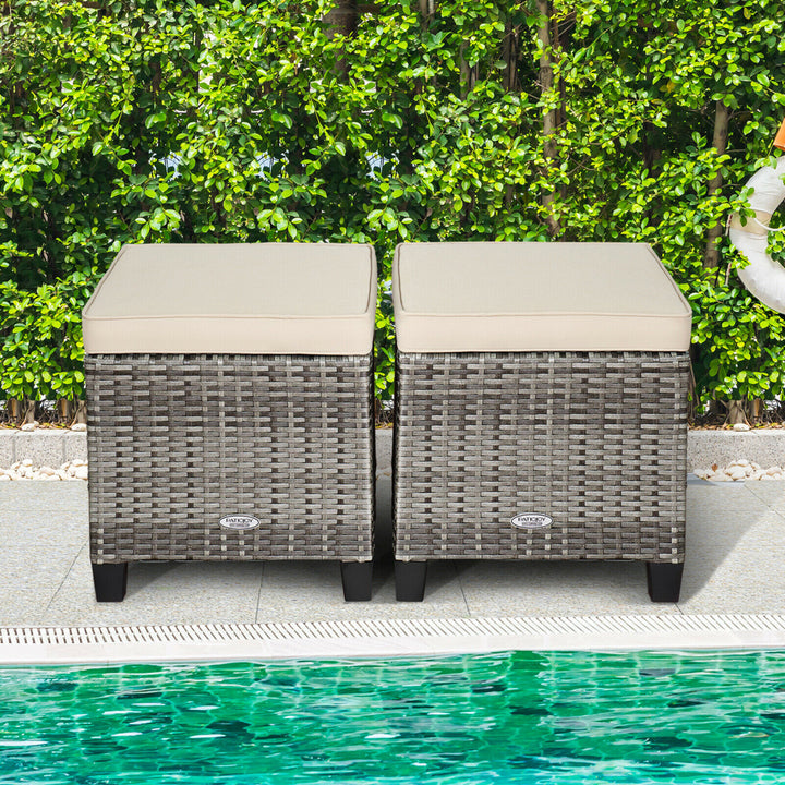 Set of 2 Rattan Patio Ottoman Footrest Wicker Footstool w/ Beige Cushions Image 1