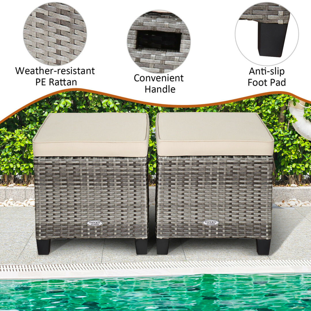 Set of 2 Rattan Patio Ottoman Footrest Wicker Footstool w/ Beige Cushions Image 4