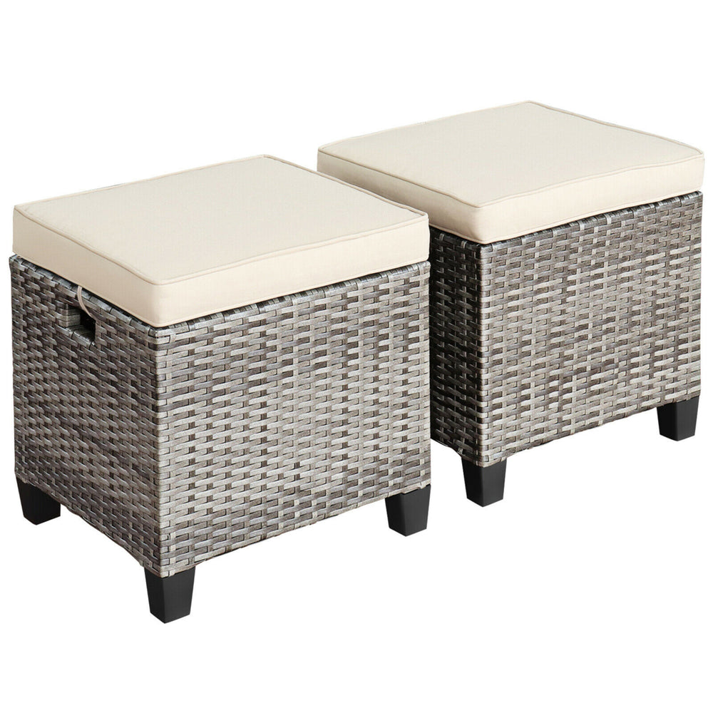 Set of 2 Rattan Patio Ottoman Footrest Wicker Footstool w/ Beige Cushions Image 2