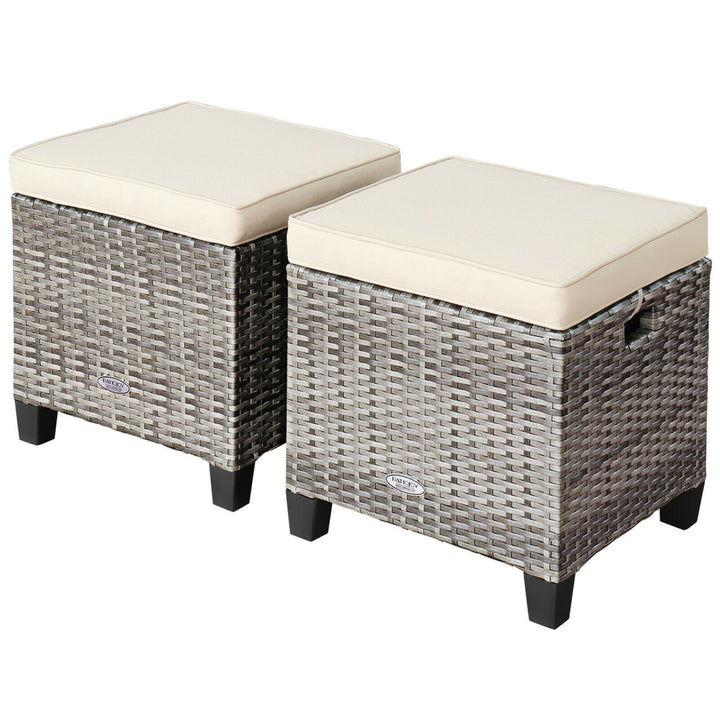 Set of 2 Rattan Patio Ottoman Footrest Wicker Footstool w/ Beige Cushions Image 7