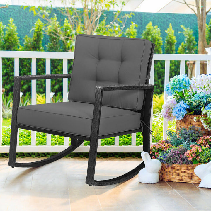 Outdoor Wicker Rocking Chair Patio Lawn Rattan Single Chair Glider w/ Grey Cushion Image 1