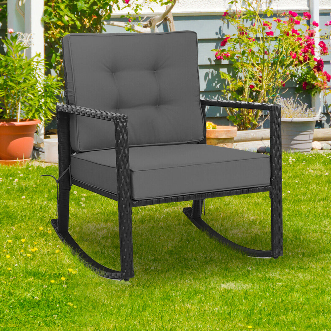 Outdoor Wicker Rocking Chair Patio Lawn Rattan Single Chair Glider w/ Grey Cushion Image 7